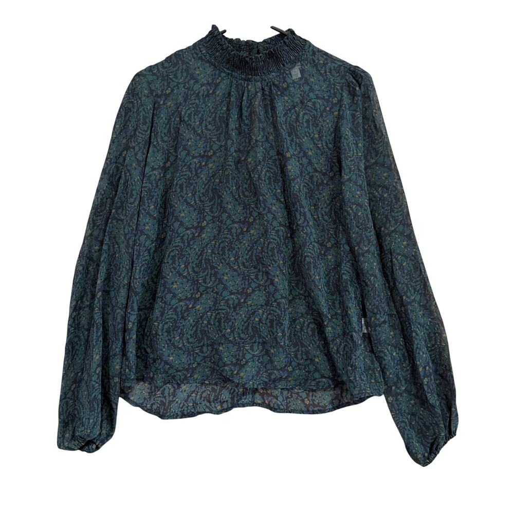 Roan & Ryan Womens Blouse Blue Green Mock Neck Long Balloon Sleeve Lined Sheer M